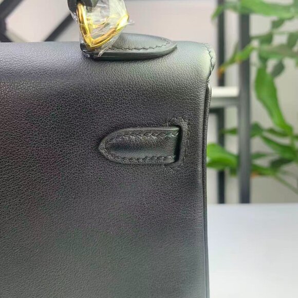 Handmade Genuine Leather Kelly 25 Black Top Handle Bag - Picture 9 of 12